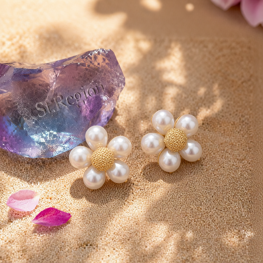 Pearl & 18K Gold-Plated Flower Stud Earrings