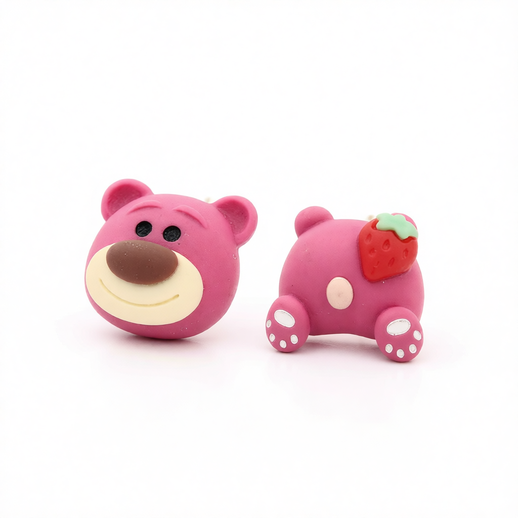 Pink Polymer Clay & Silver-Plated Strawberry Bear Stud Earrings