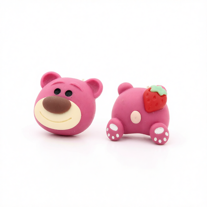 Pink Polymer Clay & Silver-Plated Strawberry Bear Stud Earrings