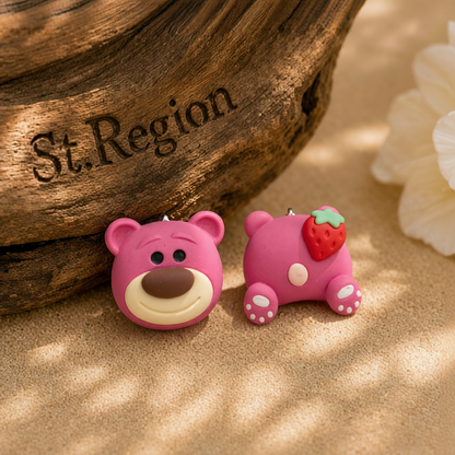 Pink Polymer Clay & Silver-Plated Strawberry Bear Stud Earrings