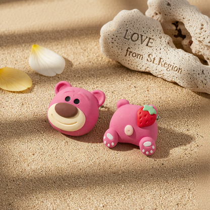 Pink Polymer Clay & Silver-Plated Strawberry Bear Stud Earrings