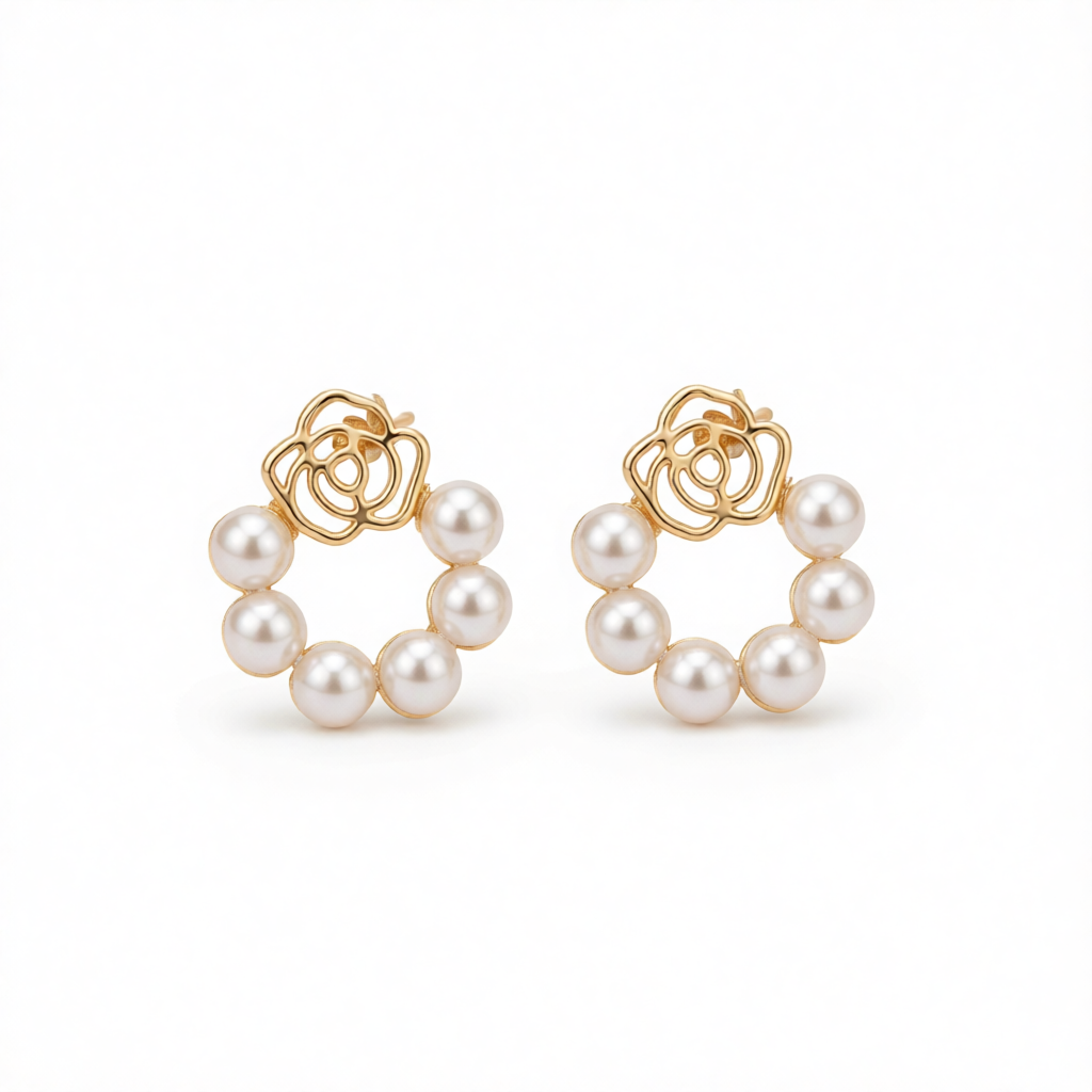 Pearl & 18K Gold-Plated Openwork Flower Stud Earrings