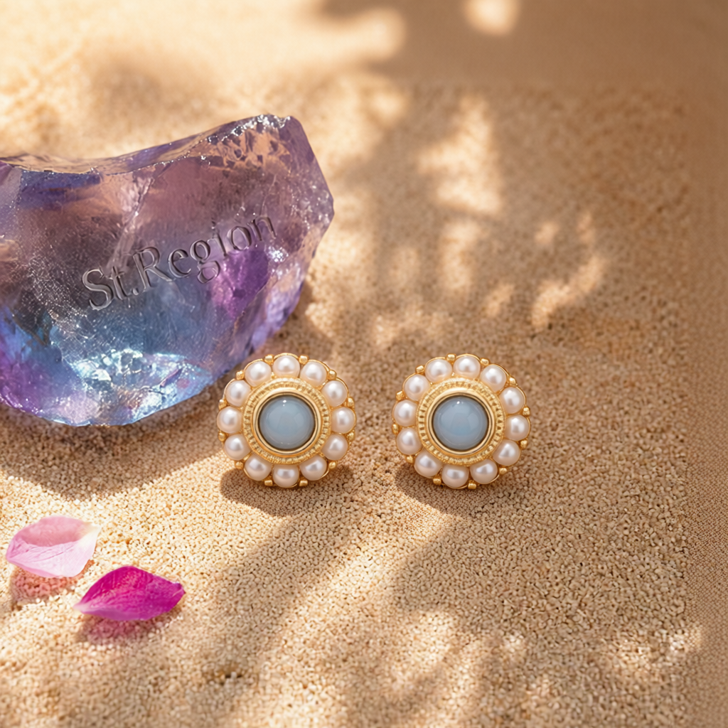 Blue Quartz & Pearl 18K Gold-Plated Round Stud Earrings