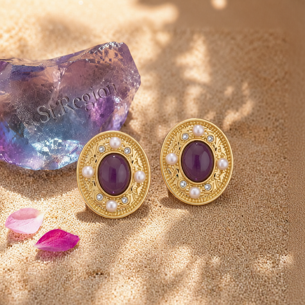 Pearl & Purple Quartz 18K Gold-Plated Oval Stud Earrings