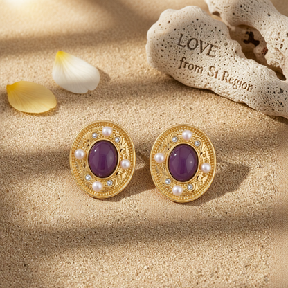 Pearl & Purple Quartz 18K Gold-Plated Oval Stud Earrings