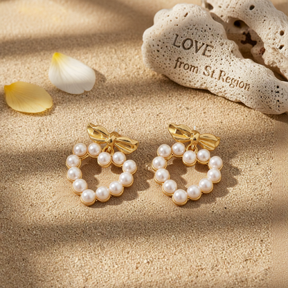 Pearl & 18K Gold-Plated Bow Heart Drop Earrings
