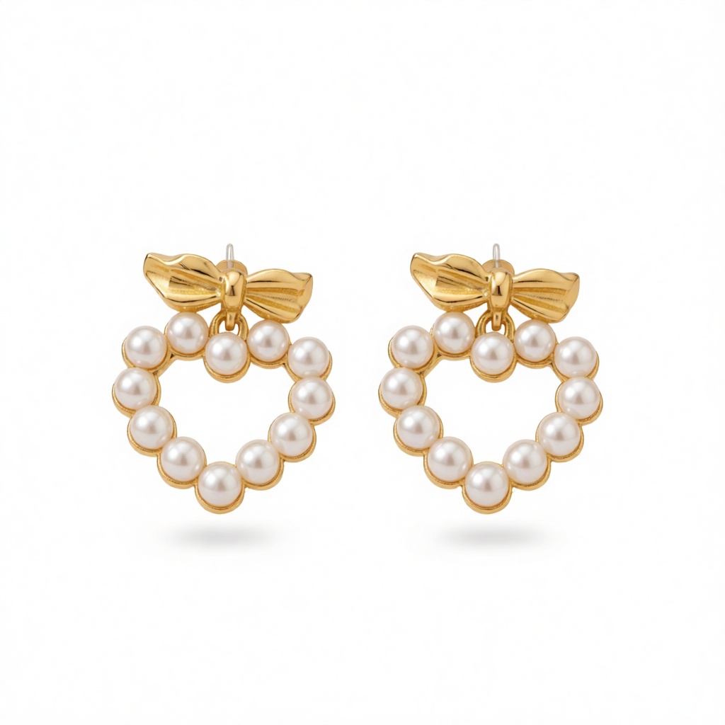 Pearl & 18K Gold-Plated Bow Heart Drop Earrings