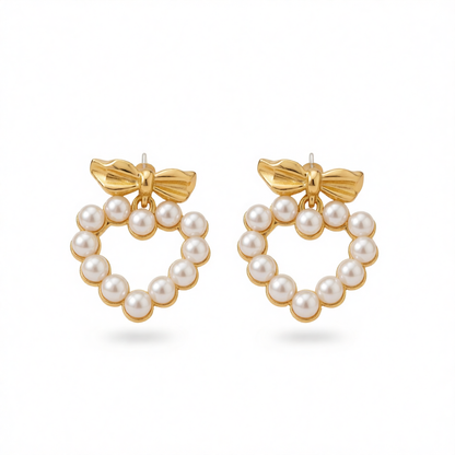 Pearl & 18K Gold-Plated Bow Heart Drop Earrings