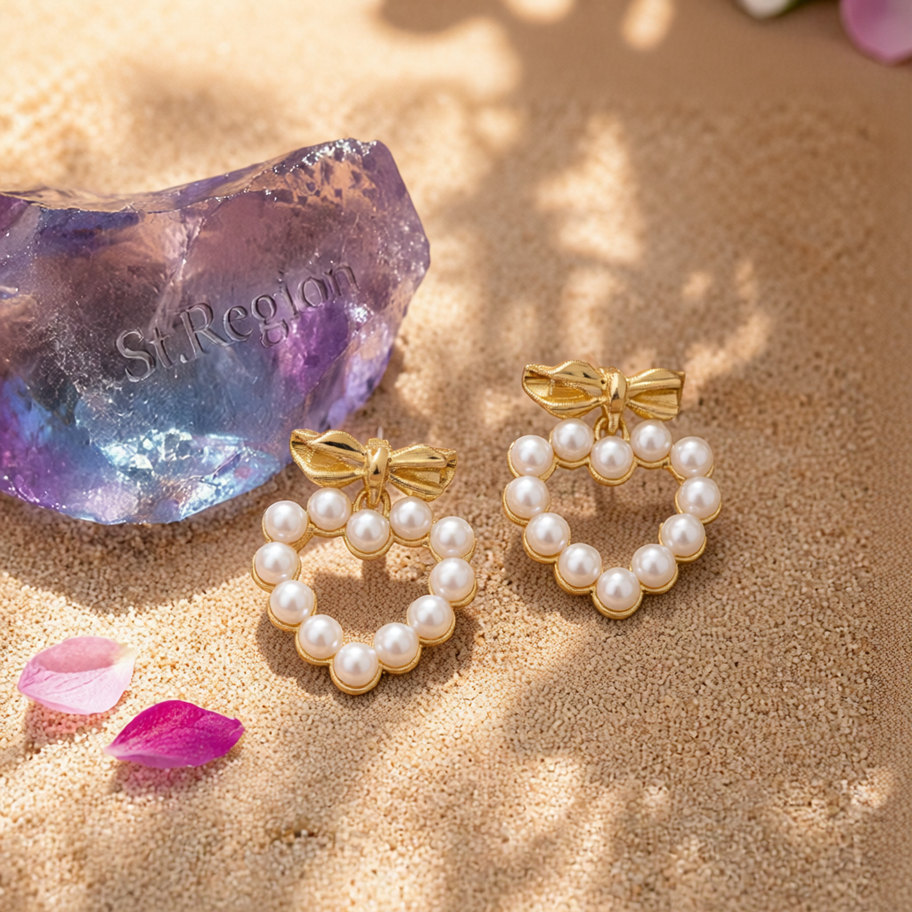 Pearl & 18K Gold-Plated Bow Heart Drop Earrings