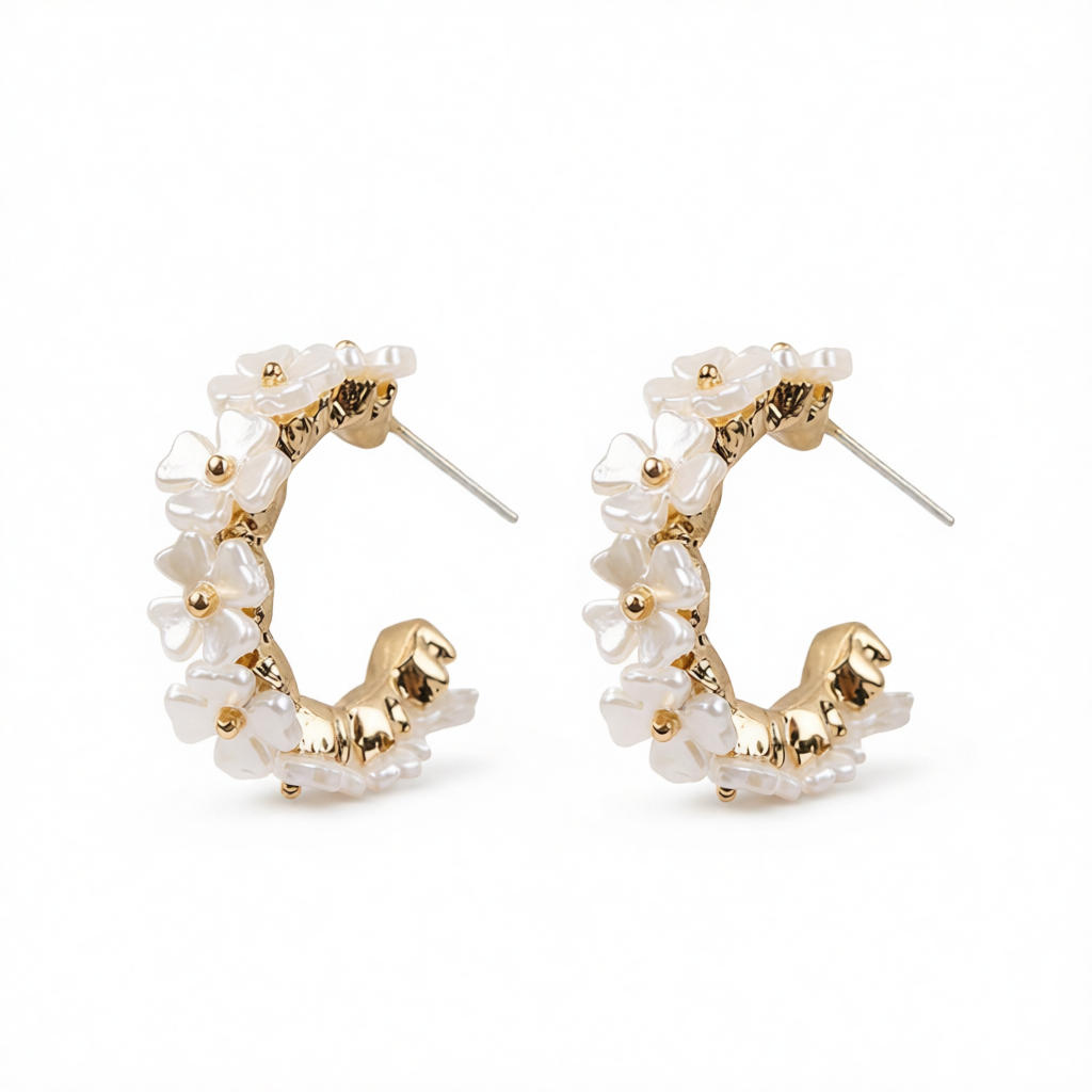 White Acrylic & 18K Gold-Plated Flower Cluster Huggie Earrings