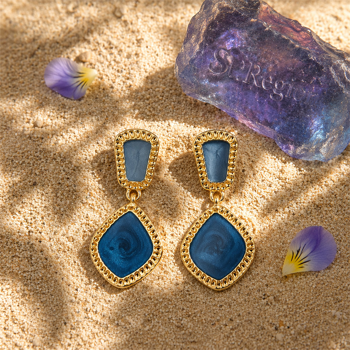 Blue Enamel & 18K Gold-Plated Rhombus Drop Earrings
