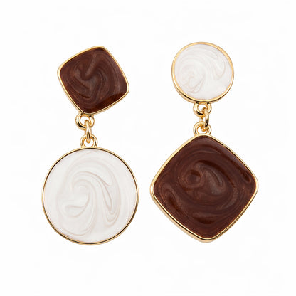 White & Brown Geometric Mismatched Drop Earrings
