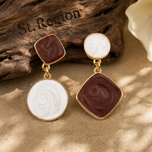 White & Brown Geometric Mismatched Drop Earrings