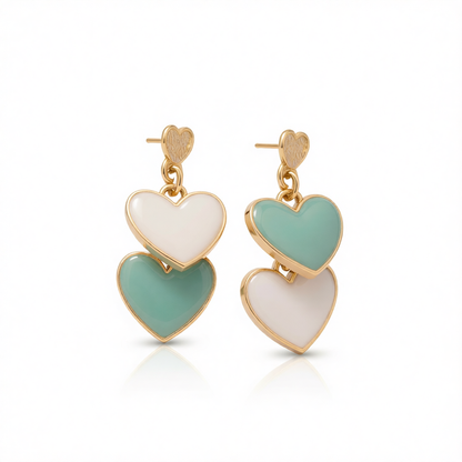 Green Enamel & 18K Gold-Plated Stacked Heart Drop Earrings