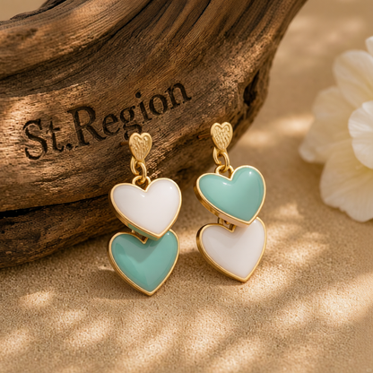 Green Enamel & 18K Gold-Plated Stacked Heart Drop Earrings
