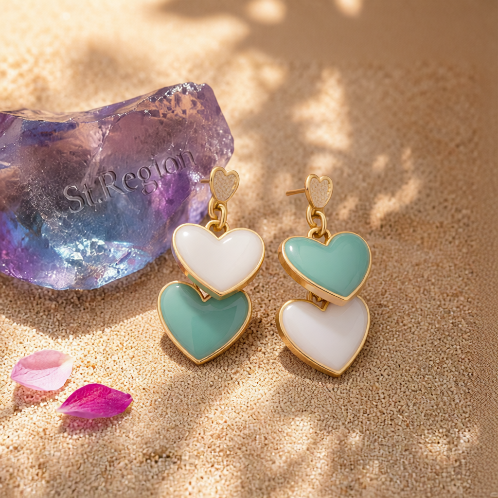 Green Enamel & 18K Gold-Plated Stacked Heart Drop Earrings
