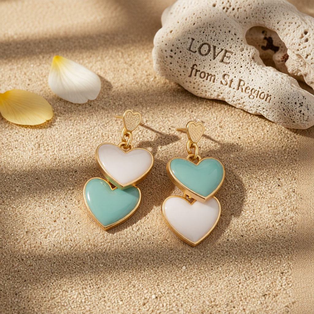 Green Enamel & 18K Gold-Plated Stacked Heart Drop Earrings