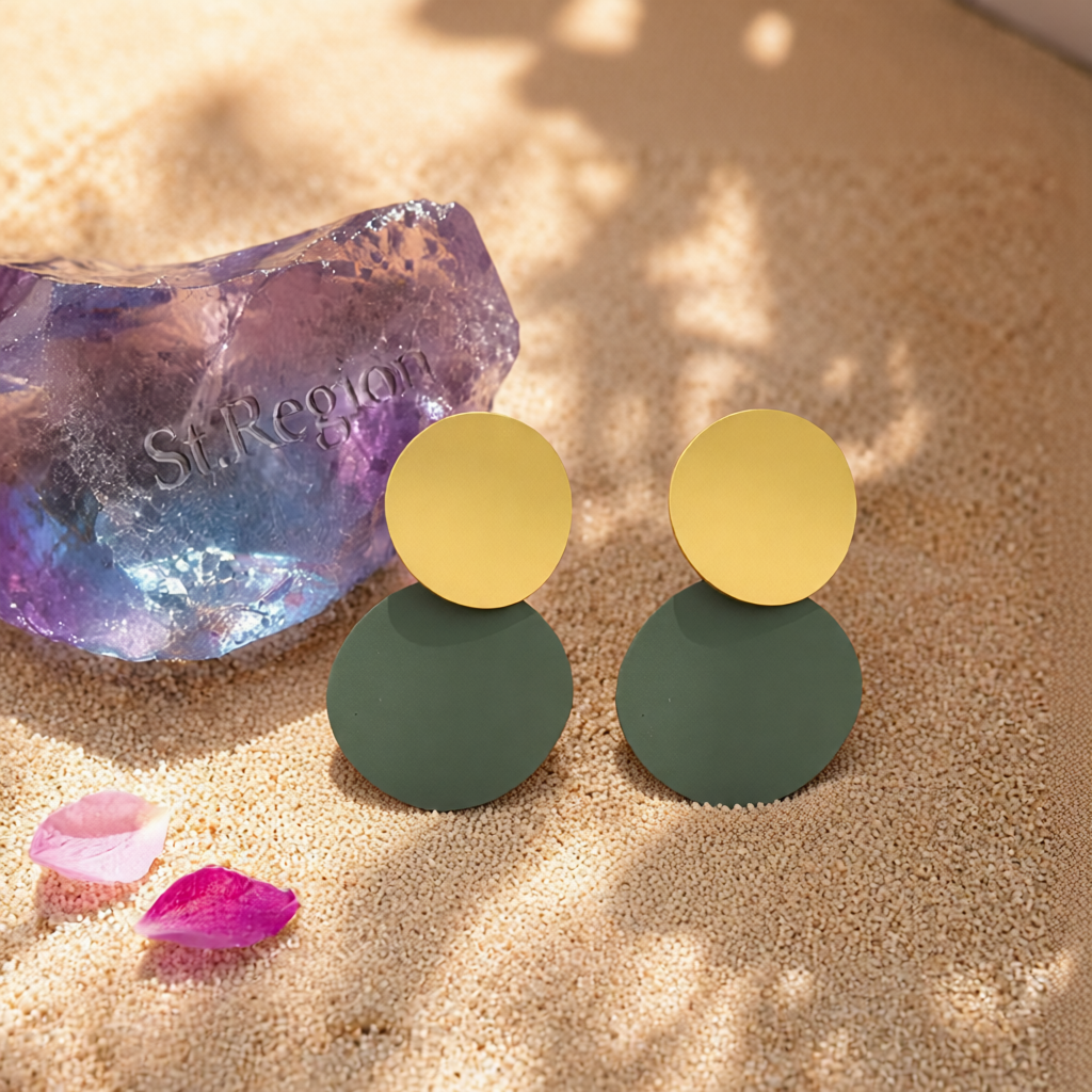 Green Enamel & Silver-Plated Round Drop Earrings