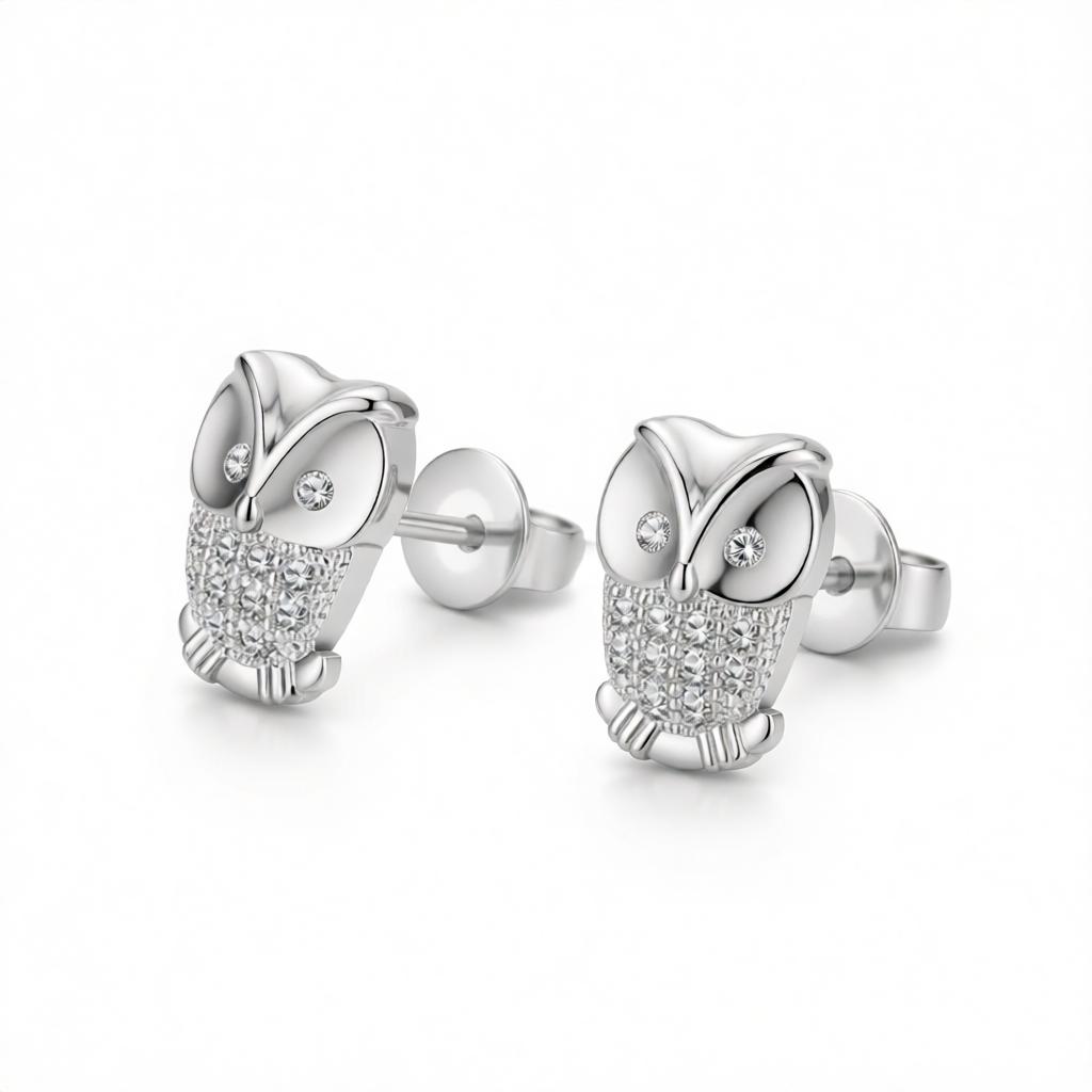 Cubic Zirconia and Silver-Plated Owl Stud Earrings, cubic zirconia stud earrings for women, everyday style, side view