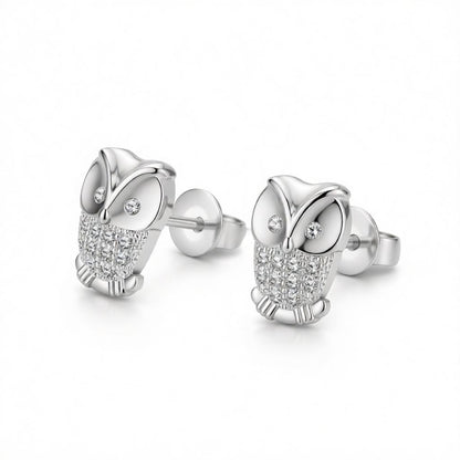 Cubic Zirconia and Silver-Plated Owl Stud Earrings, cubic zirconia stud earrings for women, everyday style, side view
