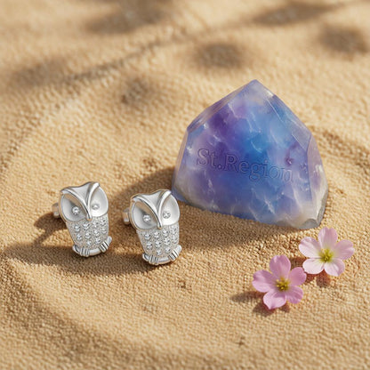 Cubic Zirconia and Silver-Plated Owl Stud Earrings, cubic zirconia stud earrings for women, everyday style, detail close-up