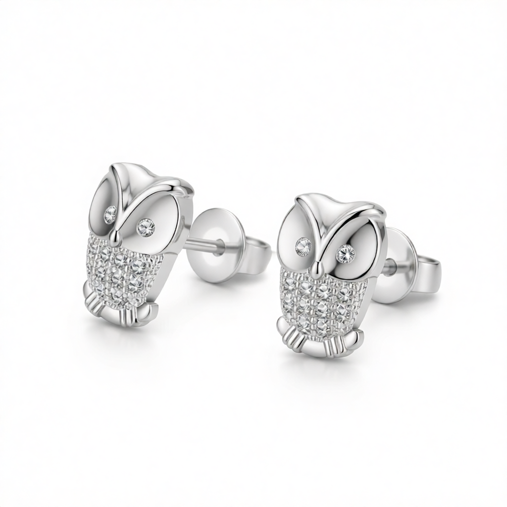 Cubic Zirconia & Silver-Plated Owl Stud Earrings