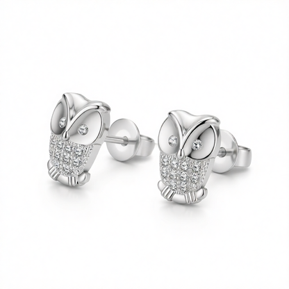 Cubic Zirconia & Silver-Plated Owl Stud Earrings