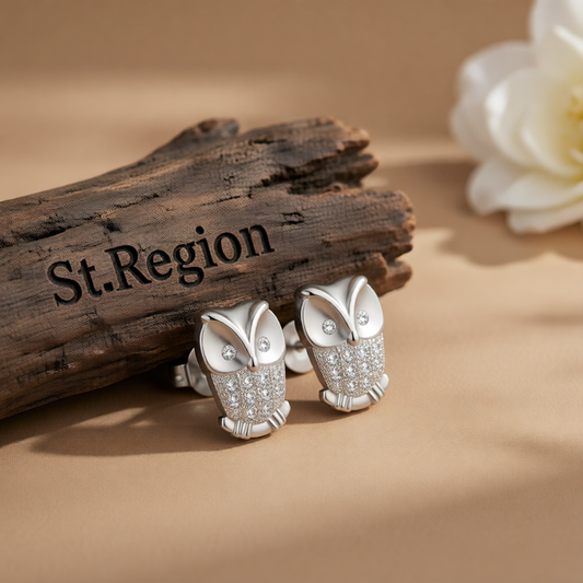 Cubic Zirconia & Silver-Plated Owl Stud Earrings