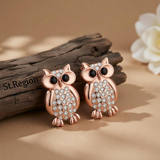 Cubic Zirconia & 18K Rose Gold-Plated Owl Stud Earrings