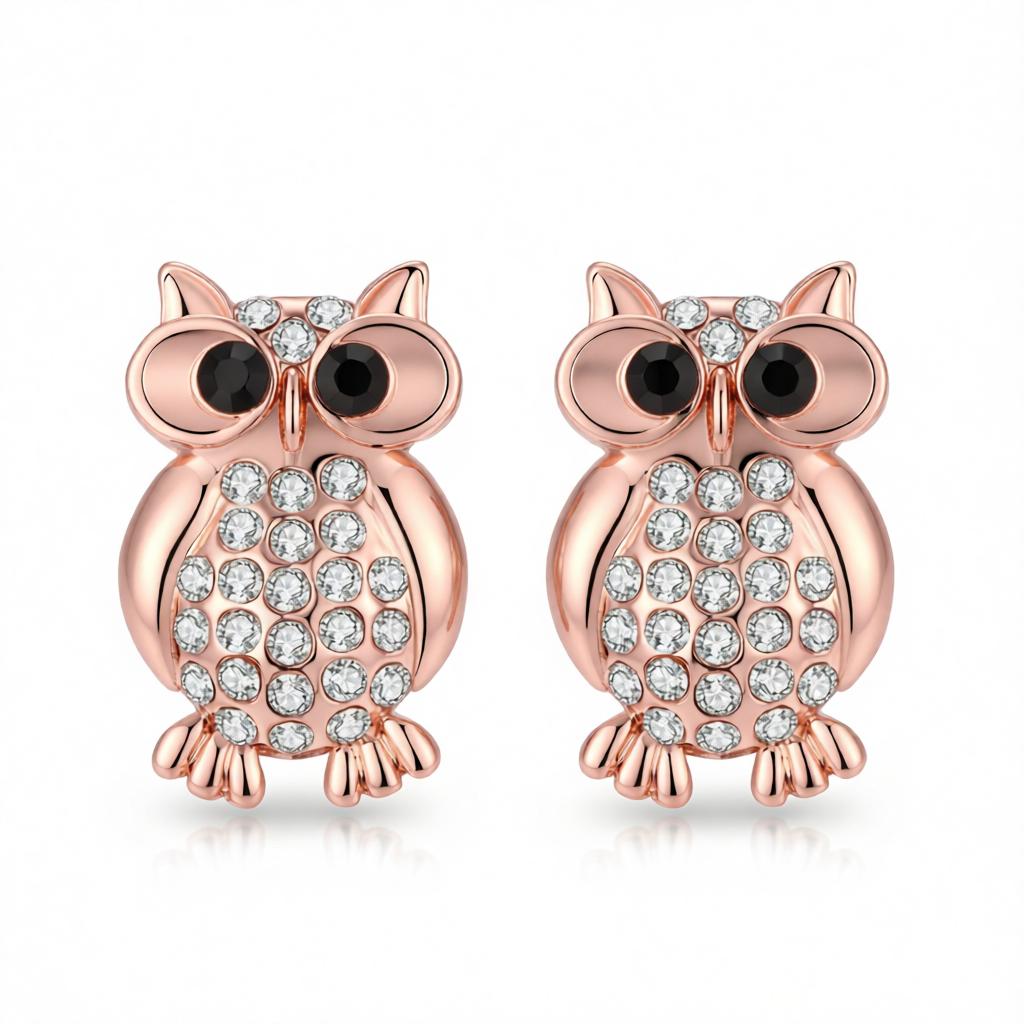 Cubic Zirconia & 18K Rose Gold-Plated Owl Stud Earrings