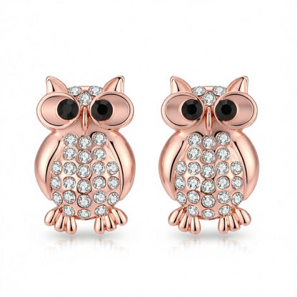 Cubic Zirconia & 18K Rose Gold-Plated Owl Stud Earrings