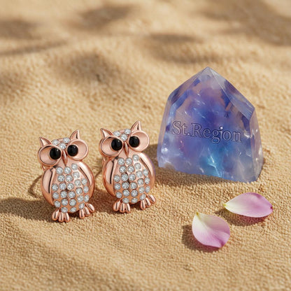 Cubic Zirconia & 18K Rose Gold-Plated Owl Stud Earrings