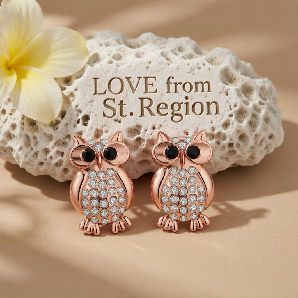 Cubic Zirconia & 18K Rose Gold-Plated Owl Stud Earrings