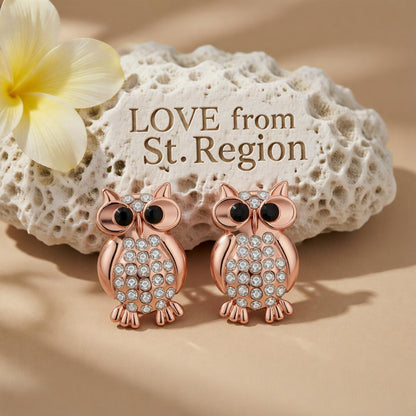 Cubic Zirconia & 18K Rose Gold-Plated Owl Stud Earrings