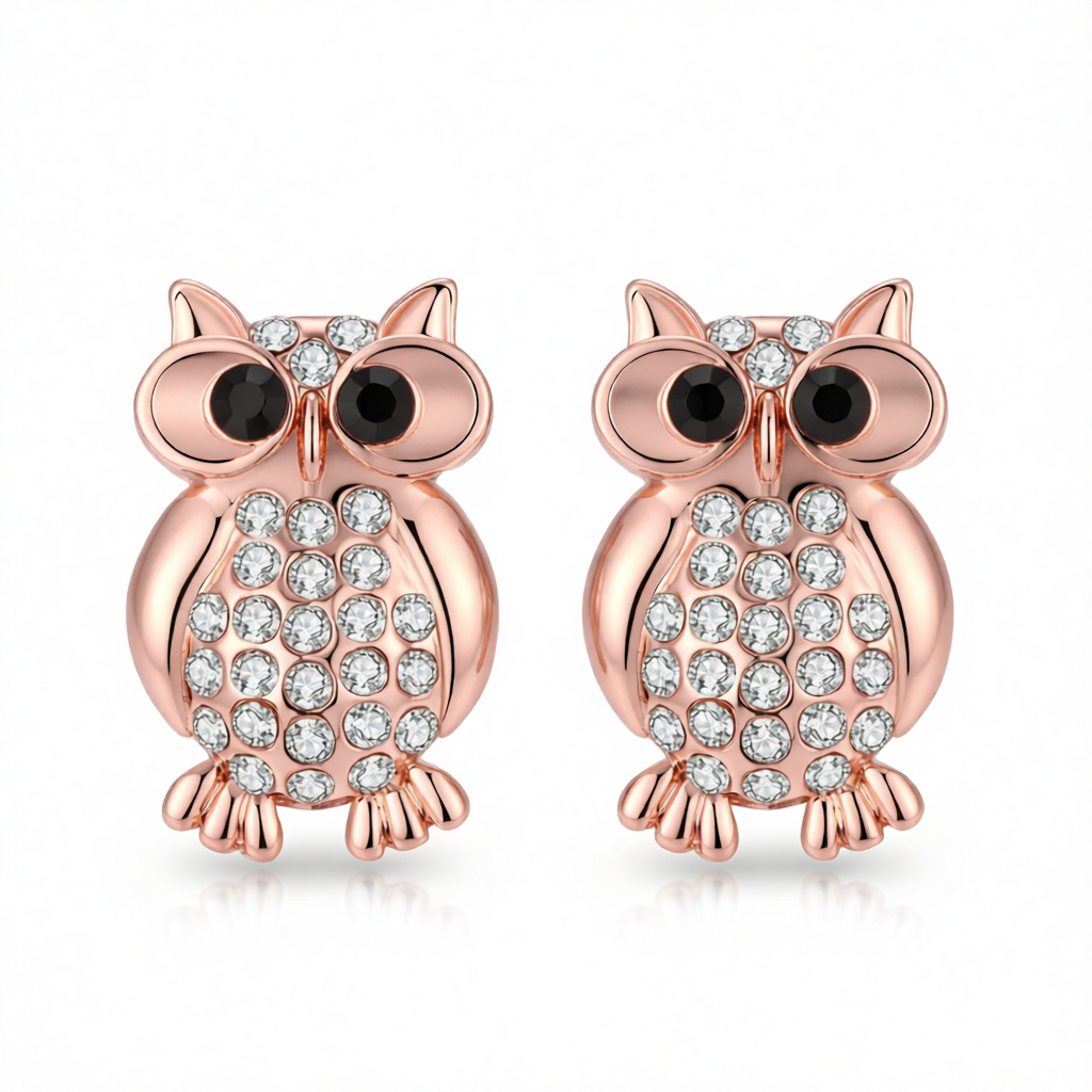 Cubic Zirconia & 18K Rose Gold-Plated Owl Stud Earrings