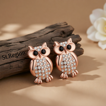 Cubic Zirconia & 18K Rose Gold-Plated Owl Stud Earrings