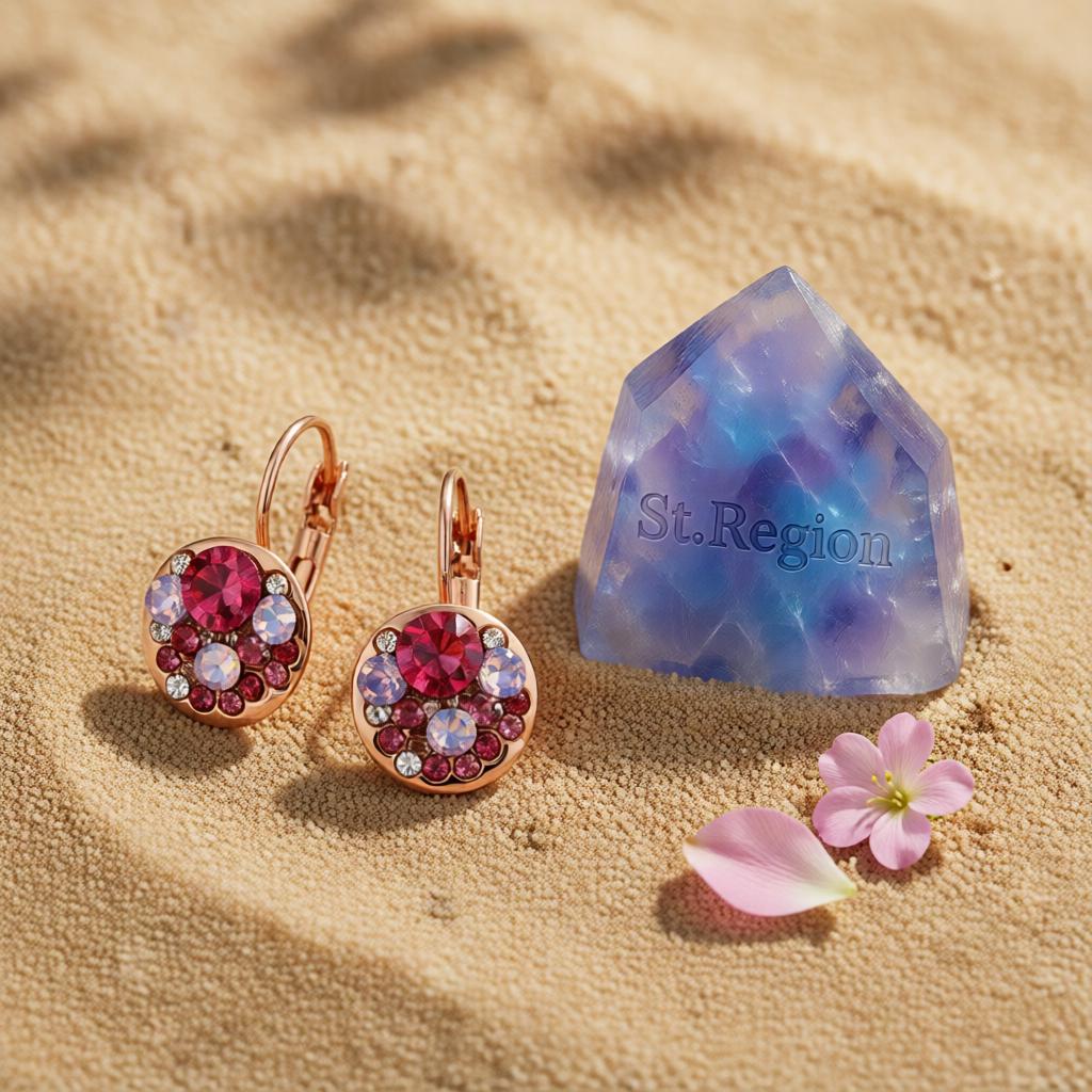 Red Crystal and 18K Rose Gold-Plated Huggie Earrings, rose gold huggie earrings, vintage-inspired design, detail close-up