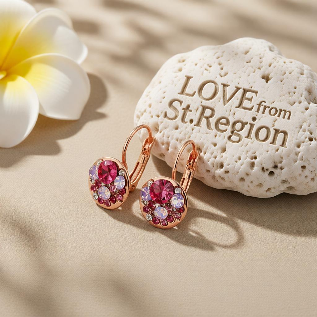Red Crystal and 18K Rose Gold-Plated Huggie Earrings, rose gold huggie earrings, vintage-inspired design, lifestyle look