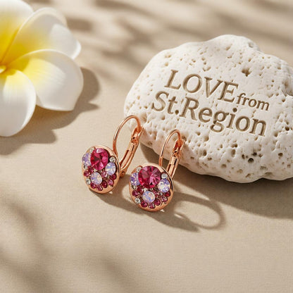 Red Crystal and 18K Rose Gold-Plated Huggie Earrings, rose gold huggie earrings, vintage-inspired design, lifestyle look