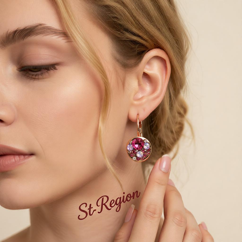Red Crystal and 18K Rose Gold-Plated Huggie Earrings, rose gold huggie earrings, vintage-inspired design, styled look