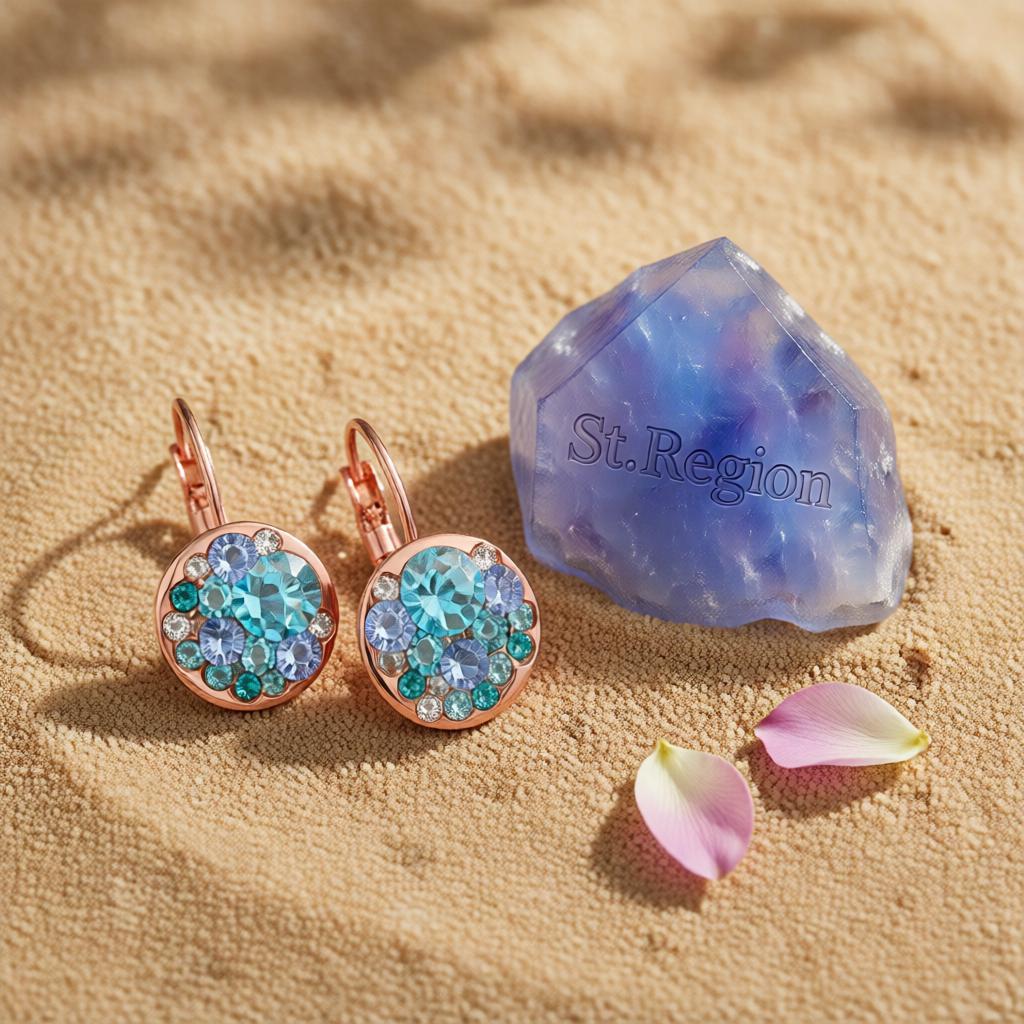 Blue Cubic Zirconia and 18K Rose Gold-Plated Huggie Earrings, rose gold huggie earrings, detail close-up