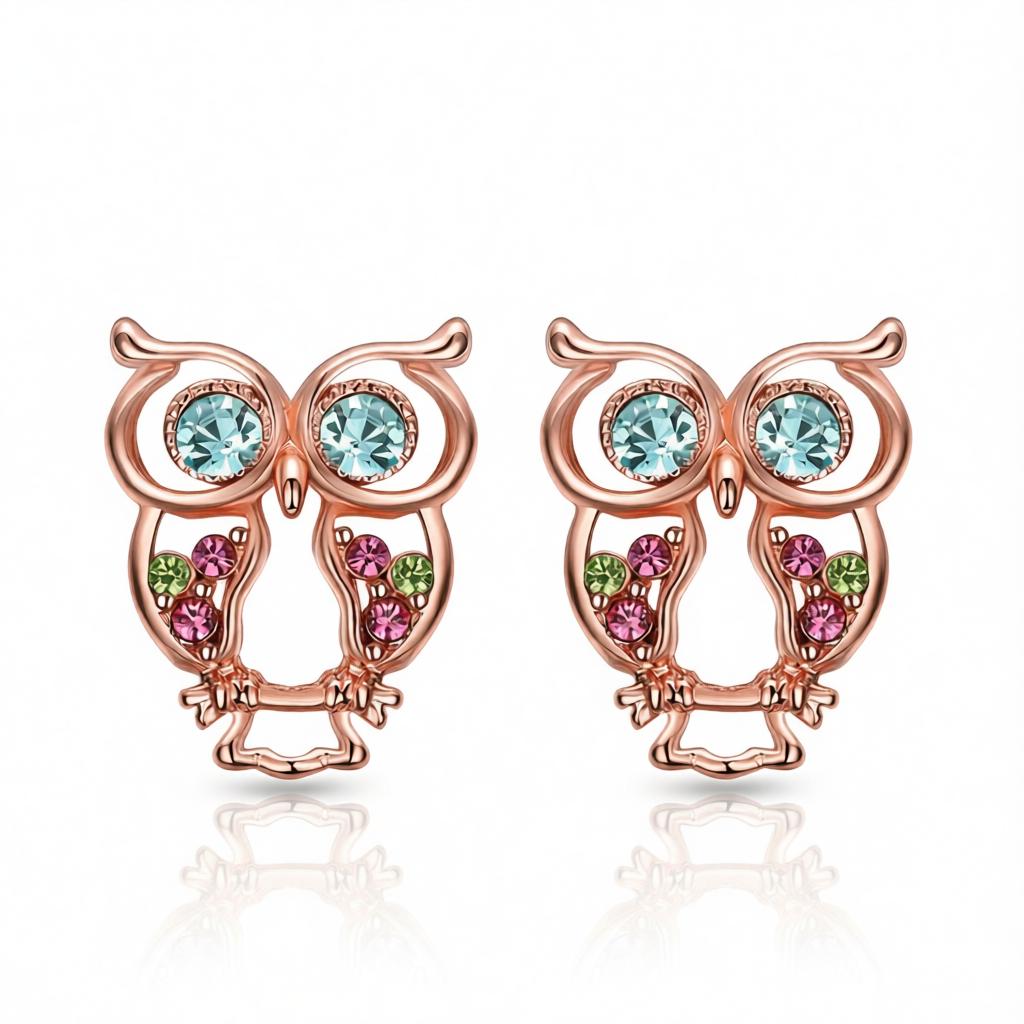 Blue Cubic Zirconias and 18K Rose Gold-Plated Owl Stud Earrings, cubic zirconia stud earrings for women, side view