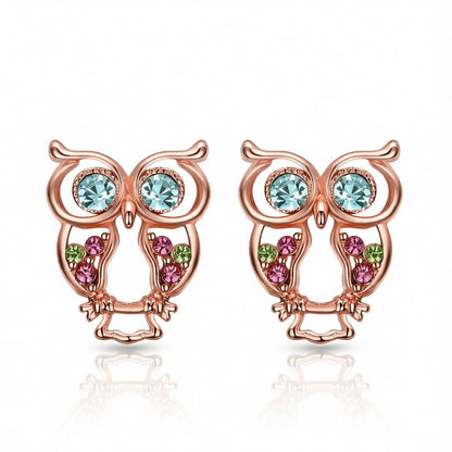 Blue Cubic Zirconias and 18K Rose Gold-Plated Owl Stud Earrings, cubic zirconia stud earrings for women, side view