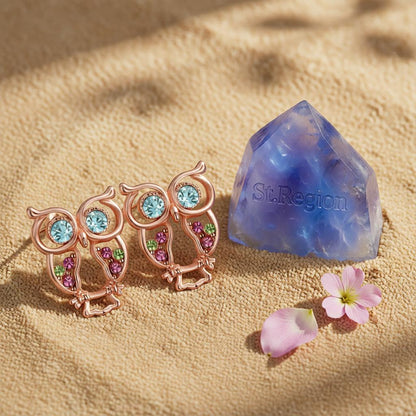Blue Cubic Zirconias and 18K Rose Gold-Plated Owl Stud Earrings, cubic zirconia stud earrings for women, detail close-up
