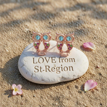 Blue Cubic Zirconias and 18K Rose Gold-Plated Owl Stud Earrings, cubic zirconia stud earrings for women, lifestyle look