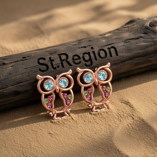 Blue Cubic Zirconias & 18K Rose Gold-Plated Owl Stud Earrings