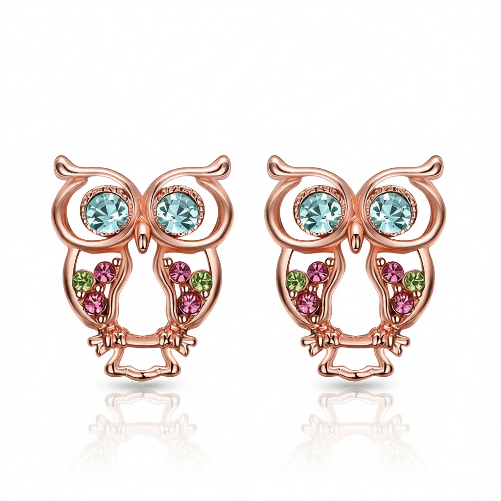 Blue Cubic Zirconias & 18K Rose Gold-Plated Owl Stud Earrings