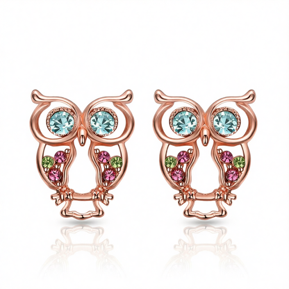 Blue Cubic Zirconias & 18K Rose Gold-Plated Owl Stud Earrings
