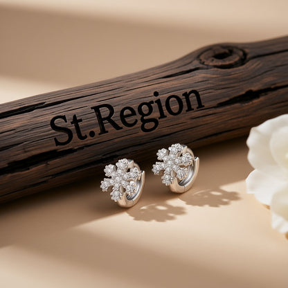 Cubic Zirconia and Silver-Plated Snowflake Huggie Earrings, silver huggie earrings, elegant gift for her, front view