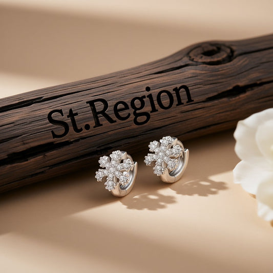 Cubic Zirconia and Silver-Plated Snowflake Huggie Earrings, silver huggie earrings, elegant gift for her, front view